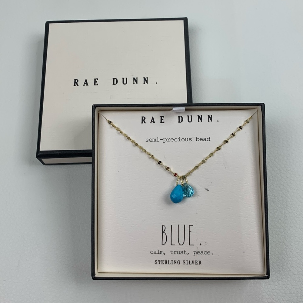 Rae Dunn Gold Necklace & Blue Semi precious Beads Calm Trust Peace New NWT